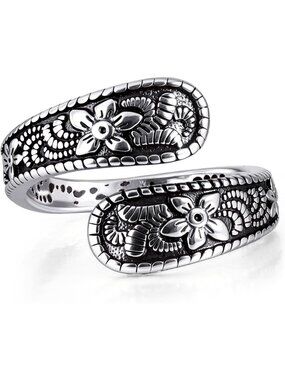 Women's Silver & Black Spoon Carving Design Stainless Steel Adjustable Ring